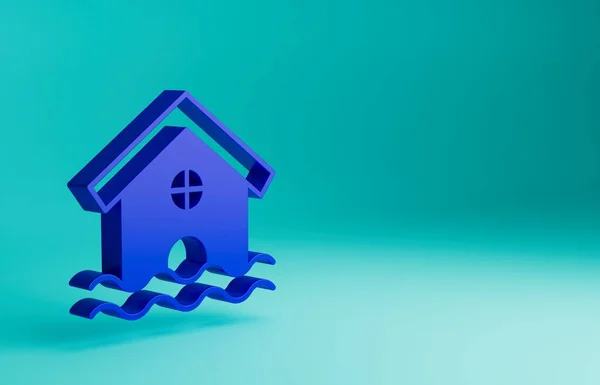 Blue House flood icon isolated on blue background. Home flooding under water. Insurance concept. Security, safety, protection, protect concept. Minimalism concept. 3D render illustration.