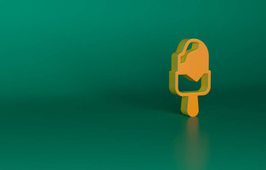 Yeşil arka planda izole edilmiş turuncu dondurma ikonu. Güzel sembol. Minimalizm kavramı. 3 Boyutlu resimleme.