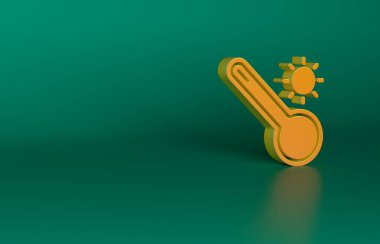 Turuncu Meteoroloji termometresi yeşil zeminde izole edilmiş ısı ve soğuk ikonu ölçüyor. Termometre termometresi sıcak ya da soğuk hava gösteriyor. Minimalizm kavramı. 3 Boyutlu resimleme.