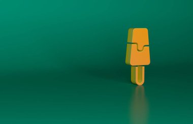 Yeşil arka planda izole edilmiş turuncu dondurma ikonu. Güzel sembol. Minimalizm kavramı. 3 Boyutlu resimleme.