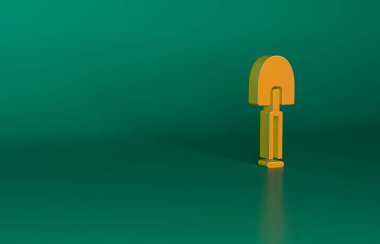 Yeşil arkaplanda turuncu kürek simgesi izole edildi. Bahçe aletleri. Bahçecilik, tarım, çiftçilik aleti. Minimalizm kavramı. 3 Boyutlu resimleme.