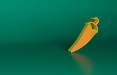 Orange Hot chili biber kabuğu simgesi yeşil arka planda izole edildi. Market, mutfak ürünleri, baharat ve baharat paketi, yemek kitabı için tasarım. Minimalizm kavramı. 3 Boyutlu resimleme.