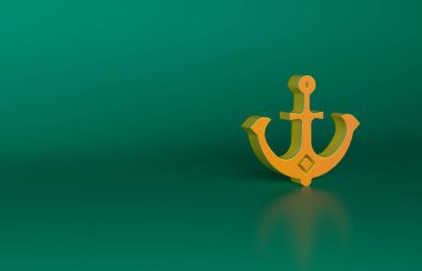 Turuncu Anchor simgesi yeşil arkaplanda izole edildi. Minimalizm kavramı. 3 Boyutlu resimleme.