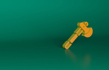 Yeşil arka planda izole edilmiş turuncu tahta balta simgesi. Oduncu baltası. Minimalizm kavramı. 3 Boyutlu resimleme.