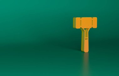 Yeşil arka planda turuncu çekiç simgesi izole edildi. Gavel, yargıç ya da müzayedecinin çekici. Teklif süreci, anlaştık. Açık arttırma teklifi. Minimalizm kavramı. 3 Boyutlu resimleme.