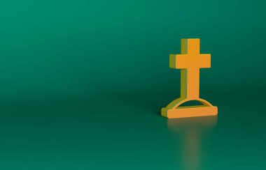 Yeşil arka planda çapraz simgesi olan turuncu mezar. Minimalizm kavramı. 3 Boyutlu resimleme.