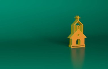 Turuncu Kilise binası ikonu yeşil arka planda izole edilmiş. Hıristiyan Kilisesi. Kilisenin dini. Minimalizm kavramı. 3 Boyutlu resimleme.