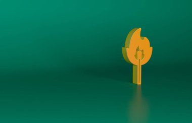 Yeşil arkaplanda izole edilmiş ateş ikonu ile turuncu yakma kibriti. Ateşle maç. Kibrit işareti. Minimalizm kavramı. 3 Boyutlu resimleme.