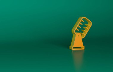 Yeşil arkaplanda turuncu mikrofon simgesi izole edildi. Radyodaki mikrofondan. Sözcü işareti. Minimalizm kavramı. 3 Boyutlu resimleme.
