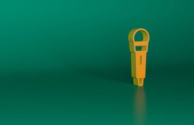 Yeşil arkaplanda turuncu mikrofon simgesi izole edildi. Radyodaki mikrofondan. Sözcü işareti. Minimalizm kavramı. 3 Boyutlu resimleme.
