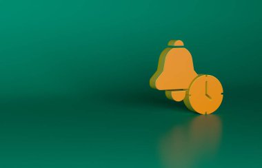 Yeşil arkaplanda turuncu alarm simgesi izole edildi. Uyan, kalk konsepti. Zaman işareti. Minimalizm kavramı. 3 Boyutlu resimleme.