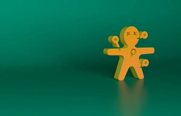 橙色的伏都娃娃图标孤立在绿色背景 万圣节快乐派对最低纲领的概念 3D渲染说明 — 图库照片