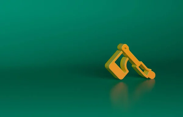 緑の背景に隔離されたオレンジの木製の斧アイコン ルンベルジャック斧 ハッピーハロウィンパーティー 最小限の概念 3Dレンダリング図 — ストック写真
