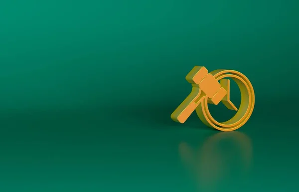 Orange Auction hammer icon isolated on green background. Gavel - hammer of judge or auctioneer. Bidding process, deal done. Auction bidding. Minimalism concept. 3D render illustration.