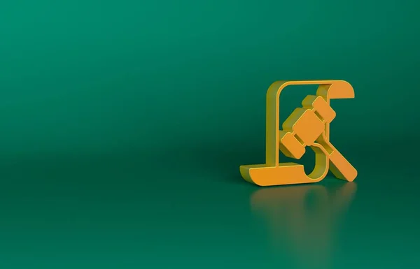 Orange Auction hammer icon isolated on green background. Gavel - hammer of judge or auctioneer. Bidding process, deal done. Auction bidding. Minimalism concept. 3D render illustration.