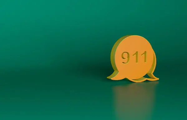 緑の背景に隔離された緊急通話911アイコンとオレンジ電話 警察救急車消防署電話 最小限の概念 3Dレンダリング図 — ストック写真