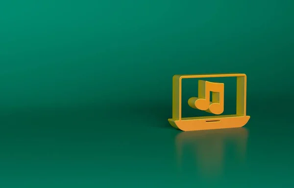 緑の背景に隔離された画面アイコン上の音楽ノートのシンボルとオレンジのラップトップ 最小限の概念 3Dレンダリング図 — ストック写真