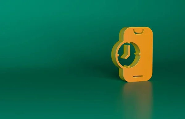 オレンジ目覚まし時計アプリ緑の背景に隔離されたスマートフォンインターフェースアイコン 最小限の概念 3Dレンダリング図 — ストック写真