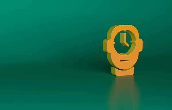 Ícone Relógio Laranja Isolado Fundo Verde Símbolo Temporal Conceito Minimalismo — Fotografia de Stock
