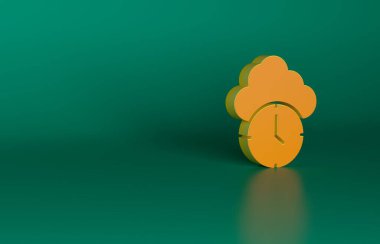 Yeşil arkaplanda turuncu saat simgesi izole edildi. Zaman sembolü. Minimalizm kavramı. 3 Boyutlu resimleme.