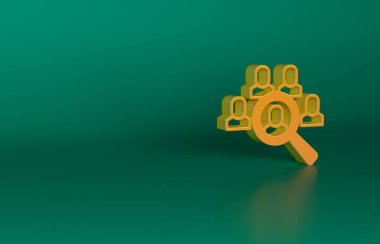 Arama simgesi için turuncu büyüteç yeşil arkaplanda izole edilmiş. İşe alım ya da seçim konsepti. Çalışanları ve işi ara. Minimalizm kavramı. 3 Boyutlu resimleme.