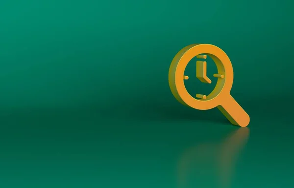 Orange Magnifying glass with clock icon isolated on green background. Clock search. Minimalism concept. 3D render illustration.