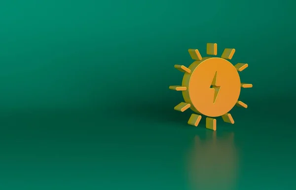Orange Solar energy panel icon isolated on green background. Sun with lightning symbol. Minimalism concept. 3D render illustration.
