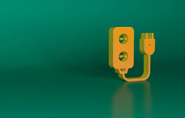 緑の背景に隔離されたオレンジの電気延長コードアイコン 電源プラグソケット 最小限の概念 3Dレンダリング図 — ストック写真