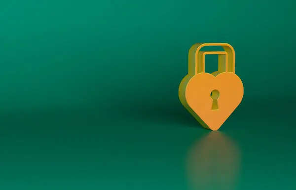緑の背景に隔離されたハートアイコンの形をしたオレンジ城 心をロックした 愛のシンボルと鍵穴の標識 ハッピーバレンタインデー 最小限の概念 3Dレンダリング図 — ストック写真