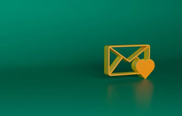 緑の背景に隔離されたバレンタインハートアイコンとオレンジのエンベロープ 愛のメッセージ 手紙の愛とロマンス 最小限の概念 3Dレンダリング図 — ストック写真