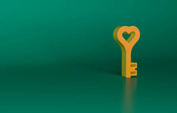オレンジ緑の背景に隔離されたハート型のアイコンのキー ハッピーバレンタインデー 最小限の概念 3Dレンダリング図 — ストック写真