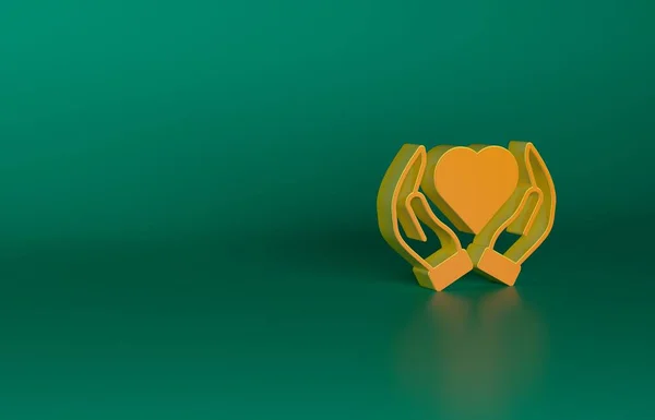 Orange Heart in hand icon isolated on green background. Hand giving love symbol. Valentines day symbol. Minimalism concept. 3D render illustration.