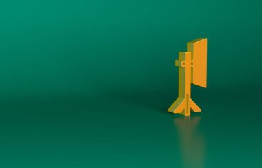 Yeşil arkaplanda izole edilmiş yumuşak kutu ikonundaki Orange Studio ampulü. Gölge yansıma tasarımı. Minimalizm kavramı. 3 Boyutlu resimleme.