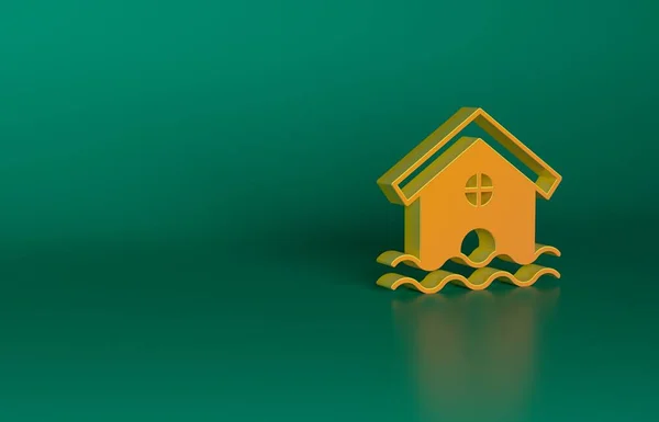 Orange House flood icon isolated on green background. Home flooding under water. Insurance concept. Security, safety, protection, protect concept. Minimalism concept. 3D render illustration.