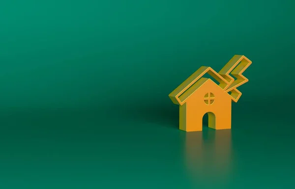 オレンジ色の家と緑の背景に隔離された雷のアイコン 家や財産保険のシンボルのための落雷と家 最小限の概念 3Dレンダリング図 — ストック写真