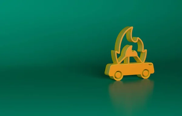 橙色燃烧的汽车图标隔离在绿色背景 保险概念 车子着火了熄火冒烟的汽车坏了 最低纲领的概念 3D渲染说明 — 图库照片