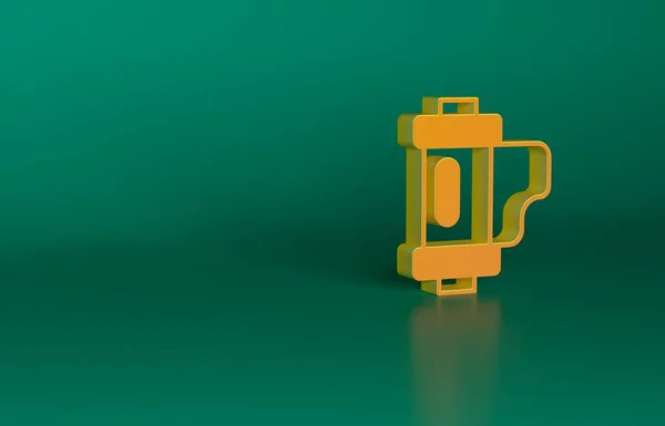 オレンジカメラのヴィンテージフィルムロールカートリッジアイコンは緑の背景に隔離されています 35Mmフィルムキャニスター フィルムストリップ写真装置 最小限の概念 3Dレンダリング図 — ストック写真