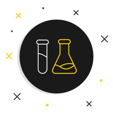 Çizgi Test tüpü ve matarası. Beyaz arka planda izole edilmiş kimyasal laboratuvar test ikonu. Laboratuvar cam levhası. Renkli taslak konsepti. Vektör.