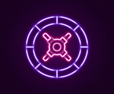 Parlayan neon hattı siyah arkaplanda güvenli simge. Kapı, şifreli bir banka kasası. Güvenilir Veri Koruma. Renkli taslak konsepti. Vektör.