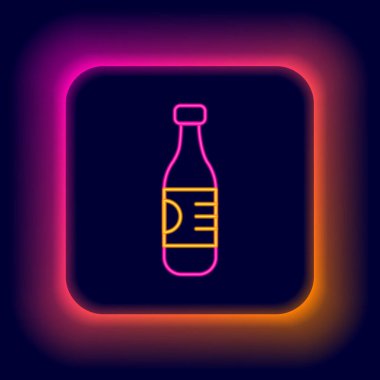 Parlayan neon hattı. Siyah arka planda izole edilmiş bir su ikonu şişesi. Soda su içme tabelası. Renkli taslak konsepti. Vektör.