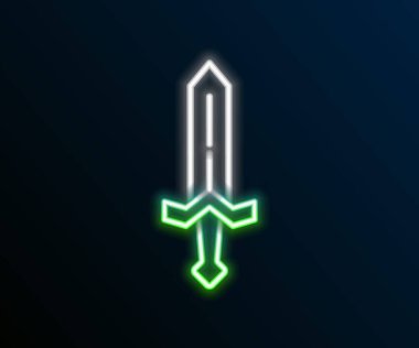 Parlayan neon hattı Ortaçağ kılıç ikonu siyah arka planda izole edildi. Ortaçağ silahı. Renkli taslak konsepti. Vektör.