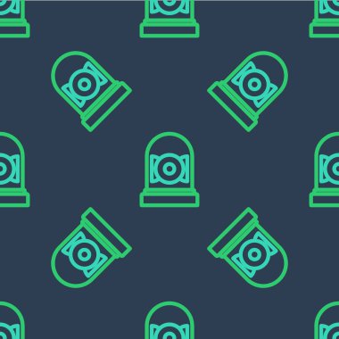 Hat çalan alarm simgesi mavi arkaplanda izole edilmiş pürüzsüz desen. Alarm sembolü, servis zili, el zili işareti, uyarı sembolü. Vektör.