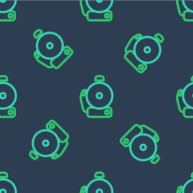 Hat çalan alarm simgesi mavi arkaplanda izole edilmiş pürüzsüz desen. Alarm sembolü, servis zili, el zili işareti, uyarı sembolü. Vektör.