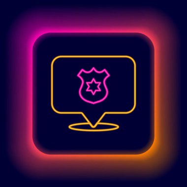 Parlayan neon hattı polis rozeti ikonu siyah arka planda izole edildi. Şerif rozeti. Renkli taslak konsepti. Vektör.