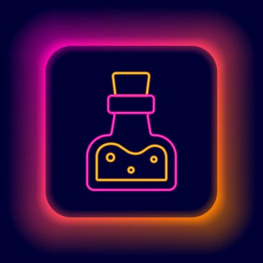 Siyah zemin üzerinde iksir ikonu olan parlak neon hattı şişesi. Sihirli iksirli matara. Mutlu Cadılar Bayramı Partisi. Renkli taslak konsepti. Vektör.