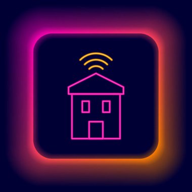 Siyah arkaplanda kablosuz internet ikonu olan parlak neon hattı Smart evi. Uzaktan kumanda. Renkli taslak konsepti. Vektör.