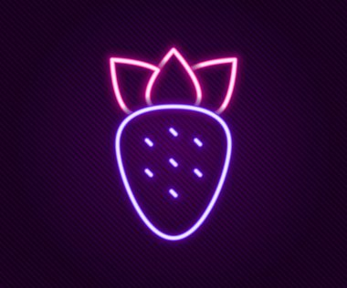 Parlayan neon hattı Çilek simgesi siyah arkaplanda izole edildi. Renkli taslak konsepti. Vektör.