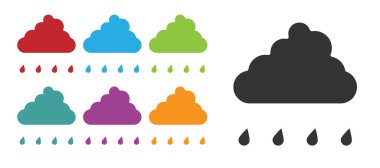Beyaz arka planda izole edilmiş yağmur ikonu olan siyah bulut. Yağmur damlaları ile yağmur bulutu yağışı. Simgeleri renklendirin. Vektör.