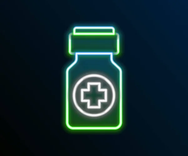 Glödande Neon Line Medicin Flaska Och Piller Ikon Isolerad Svart — Stock vektor