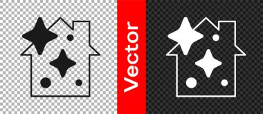 Siyah Ev Temizleme Servisi konsepti simgesi şeffaf arkaplanda izole edildi. Bina ve ev. Vektör.